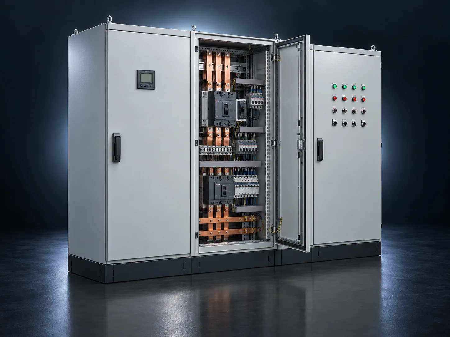 Biri açık kapaklı, yan yana dizilmiş üç dikili tip elektrik panosu