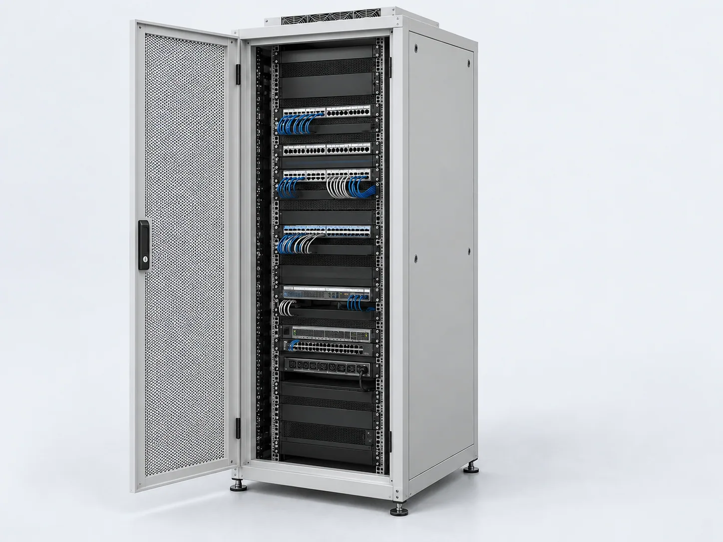 Rack kabinet, ön kapak açık, ağ cihazları ve patch paneller